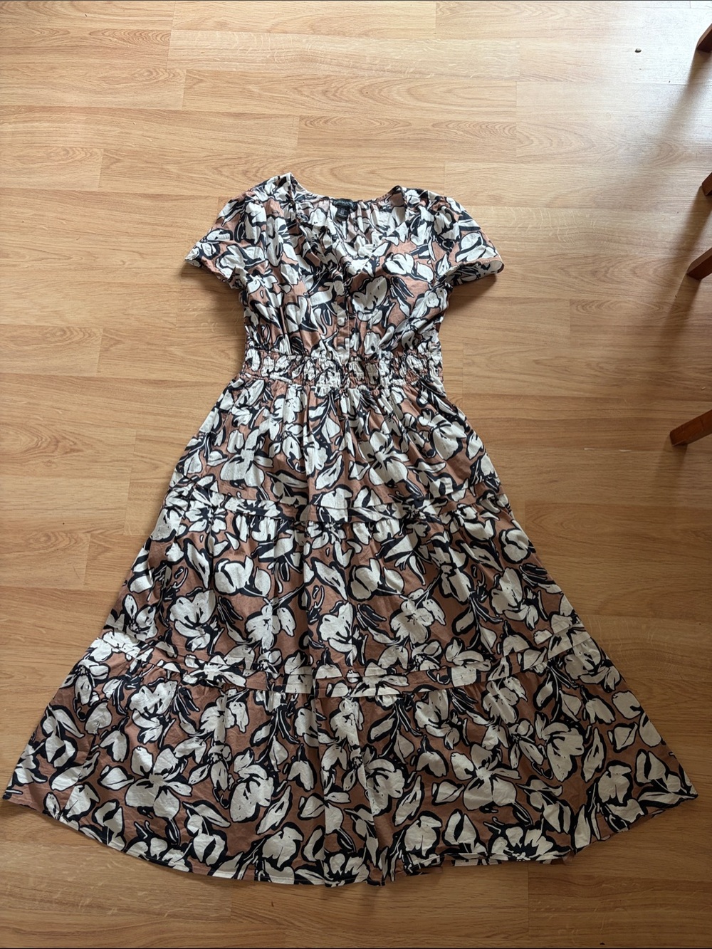 Cynthia Rowley Taupe, White & Black Floral Tiered Maxi Dress